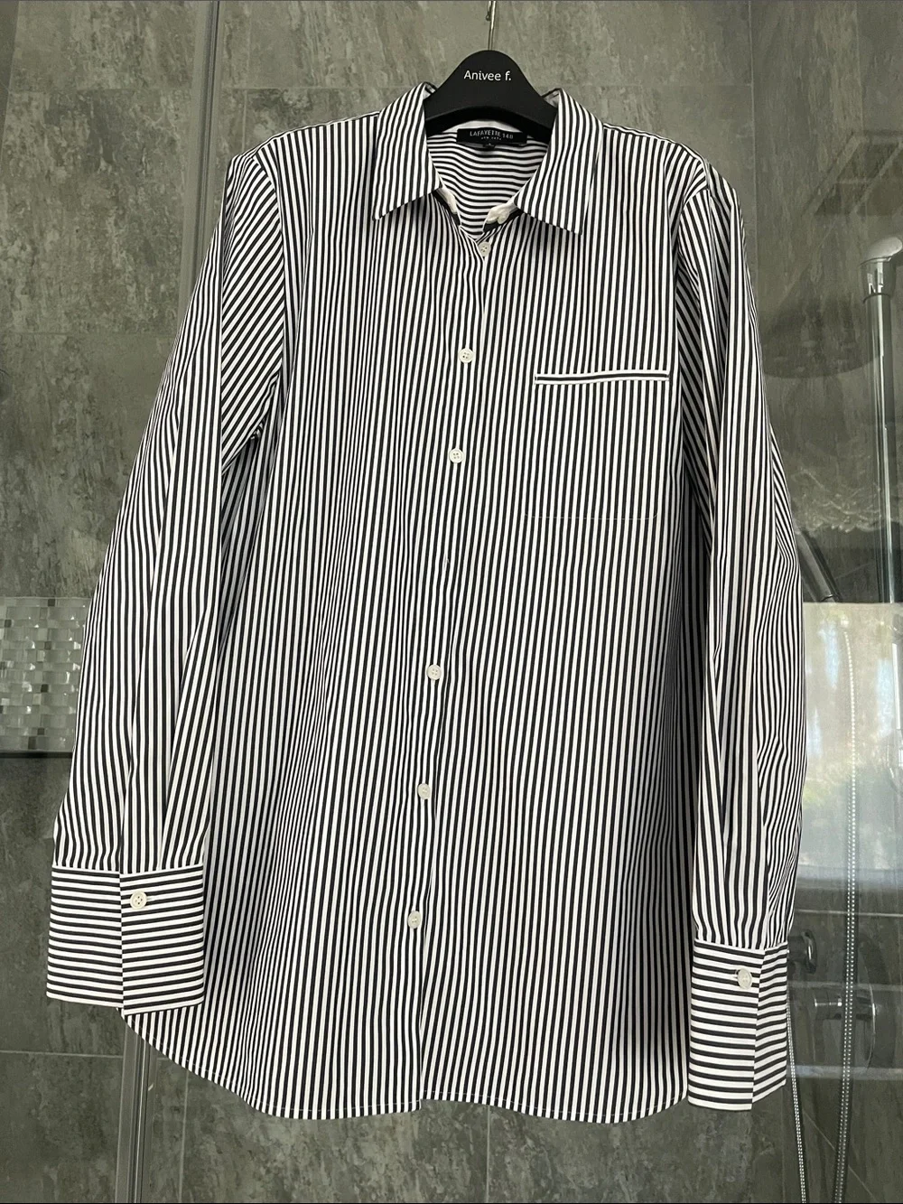Lafayette 148 New York Women’s Navy and White Striped Dress Shirt/ Monili - Picture 9 of 10